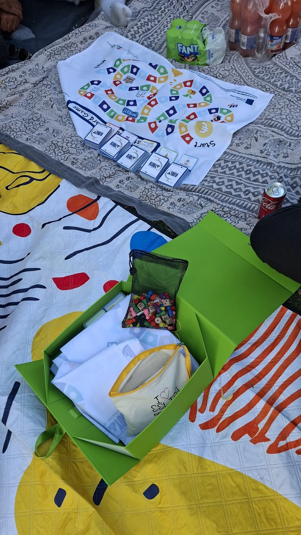 Invest in Youth board game, cards and open green materials box arranged on picnic blankets.