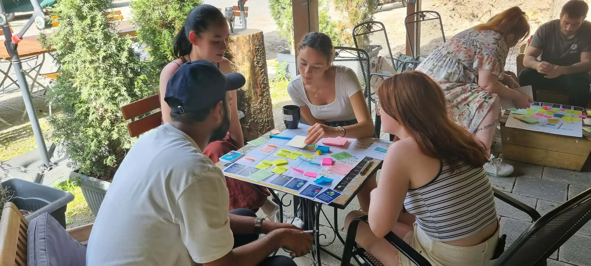 Four people sit around a small outdoor table covered with coloured notes, while two others work at a second table behind them.